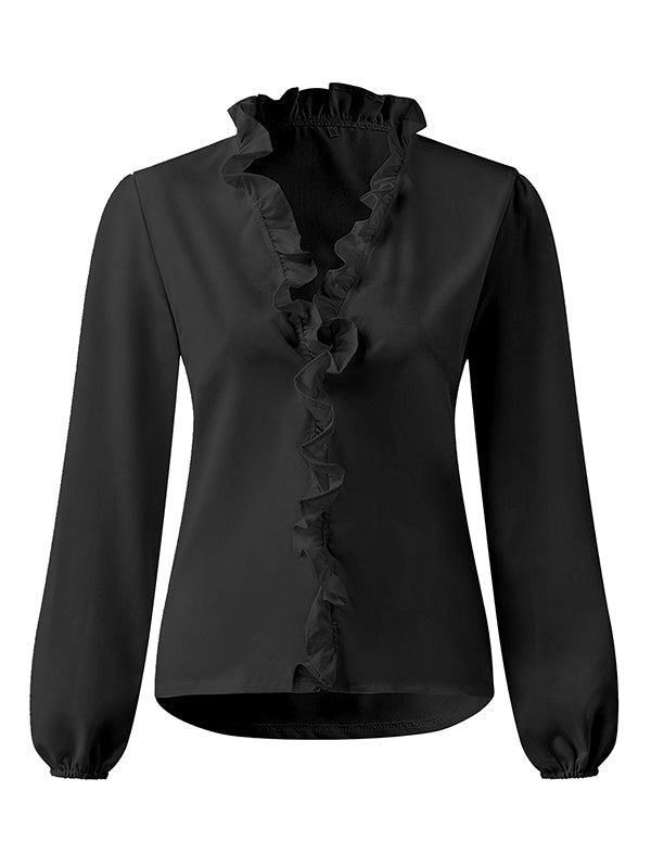 Vika | Blus med Puffärmar, Falbala-detaljer och Enfärgad V-ringning