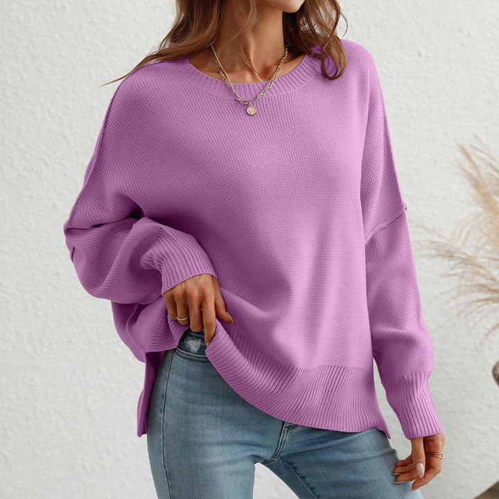 Avslappnad Enfärgad Stickad Tröja