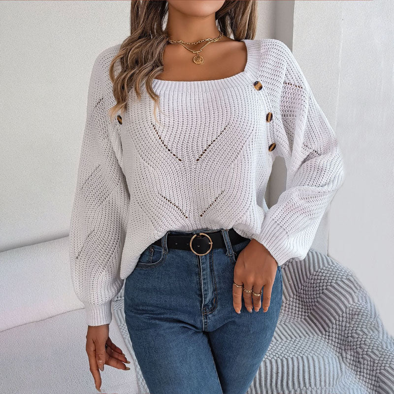 Avslappnad Enfärgad Stickad Tröja