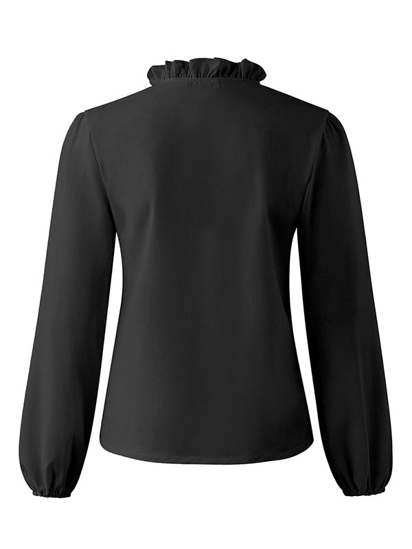 Vika | Blus med Puffärmar, Falbala-detaljer och Enfärgad V-ringning